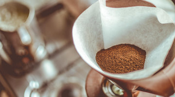 Fresh coffee grounds in a coffee filter. 