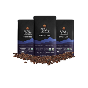 Three-pack of Peak State's dark roast functional mushroom coffee.