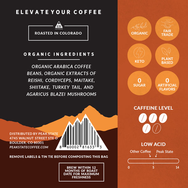 Back of Peak State's Immunity Boost organic mushroom coffee package.
