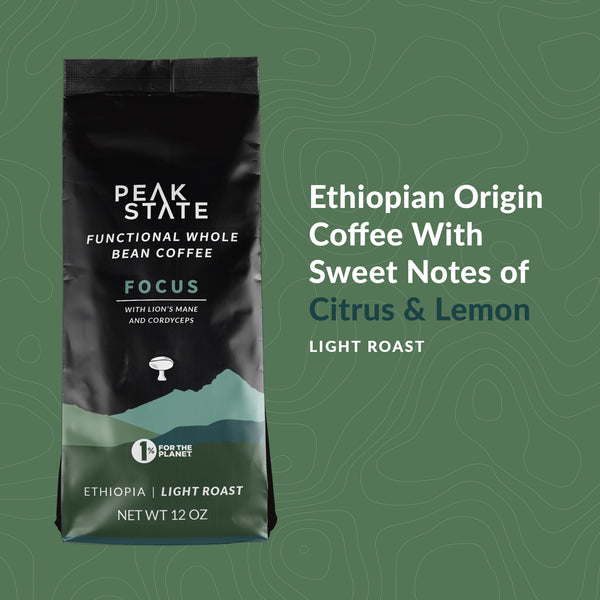 Ethiopian origin and flavor profile of Peak State's Brain Sustain coffee.