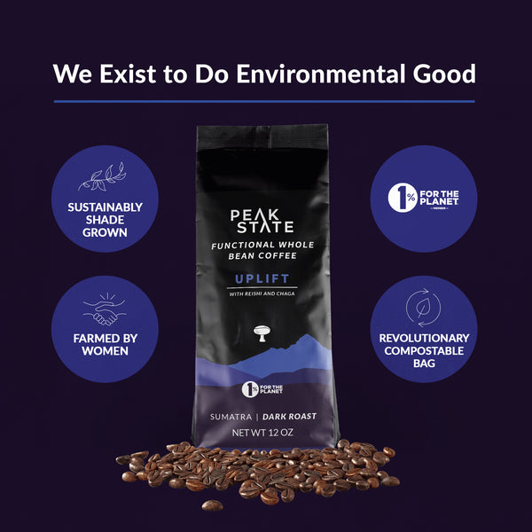 Environmental good from Peak State's dark roast, whole mean mushroom coffee.