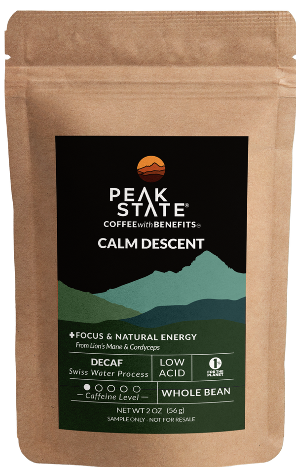 2oz sample bag of Peak State's Calm Descent whole bean decaf coffee. 