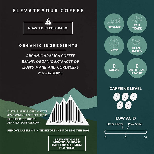 Back of Peak State's Brain Sustain organic mushroom coffee package.