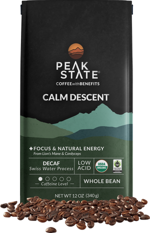 12oz bag of Peak State's Calm Descent decaf whole bean coffee.