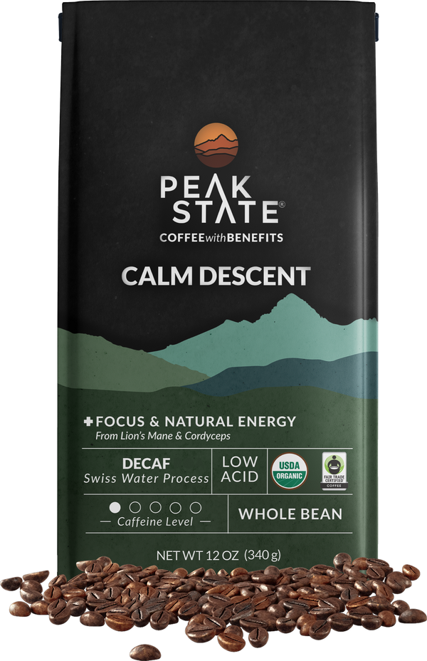 12oz bag of Peak State's Calm Descent decaf whole bean coffee.