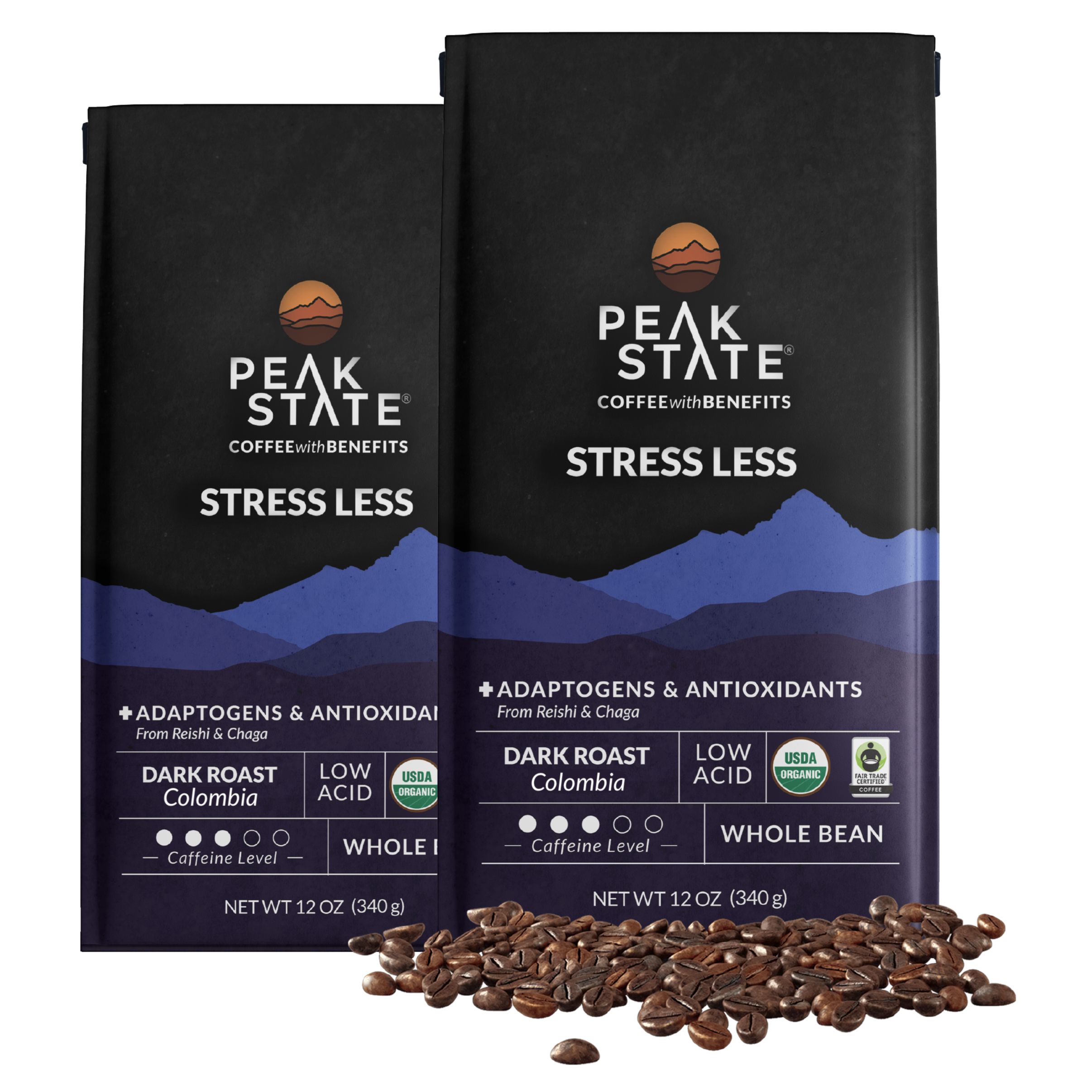 2 x 12oz bags of Peak State's colombian, dark roast mushroom coffee.