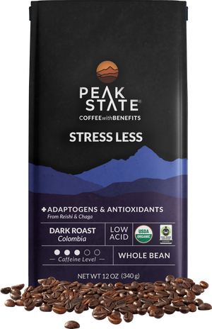 12oz bag of Peak State's Stress Less organic mushroom coffee. 