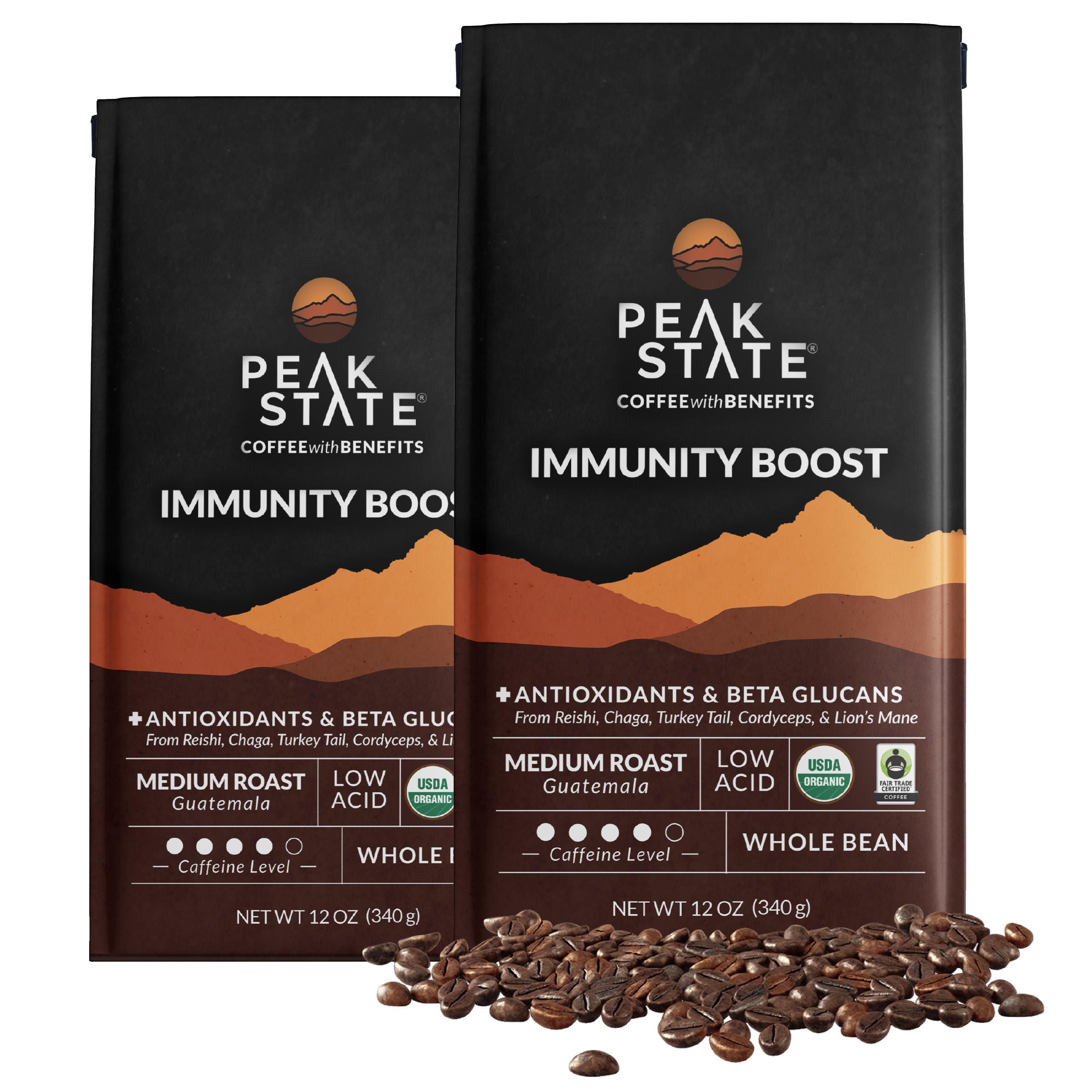 2 x 12oz bags of Peak State's Immunity Boost medium roast organic coffee. 