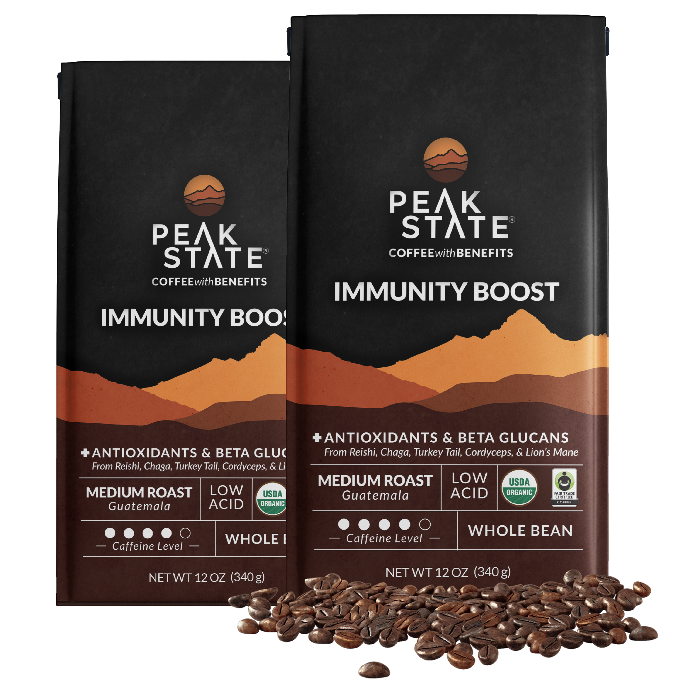 2 x 12oz bags of Peak State's Immunity Boost medium roast organic coffee.