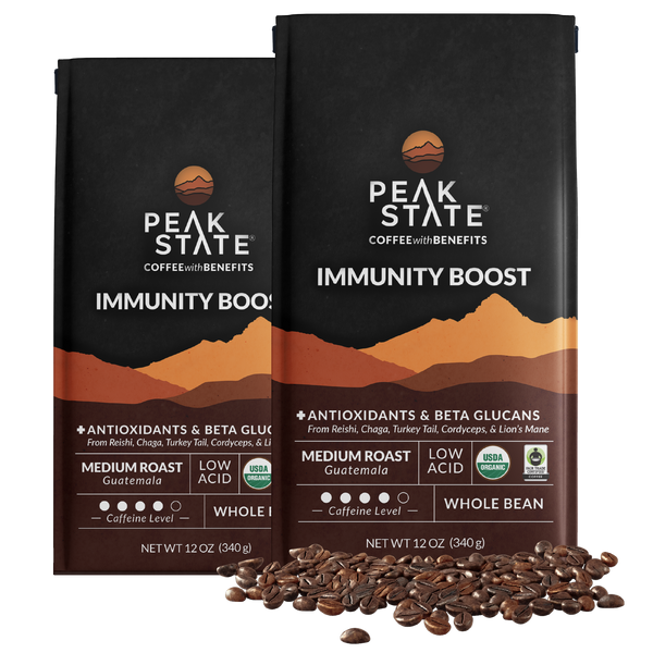 2 x 12oz bags of Peak State's Immunity Boost medium roast organic coffee.