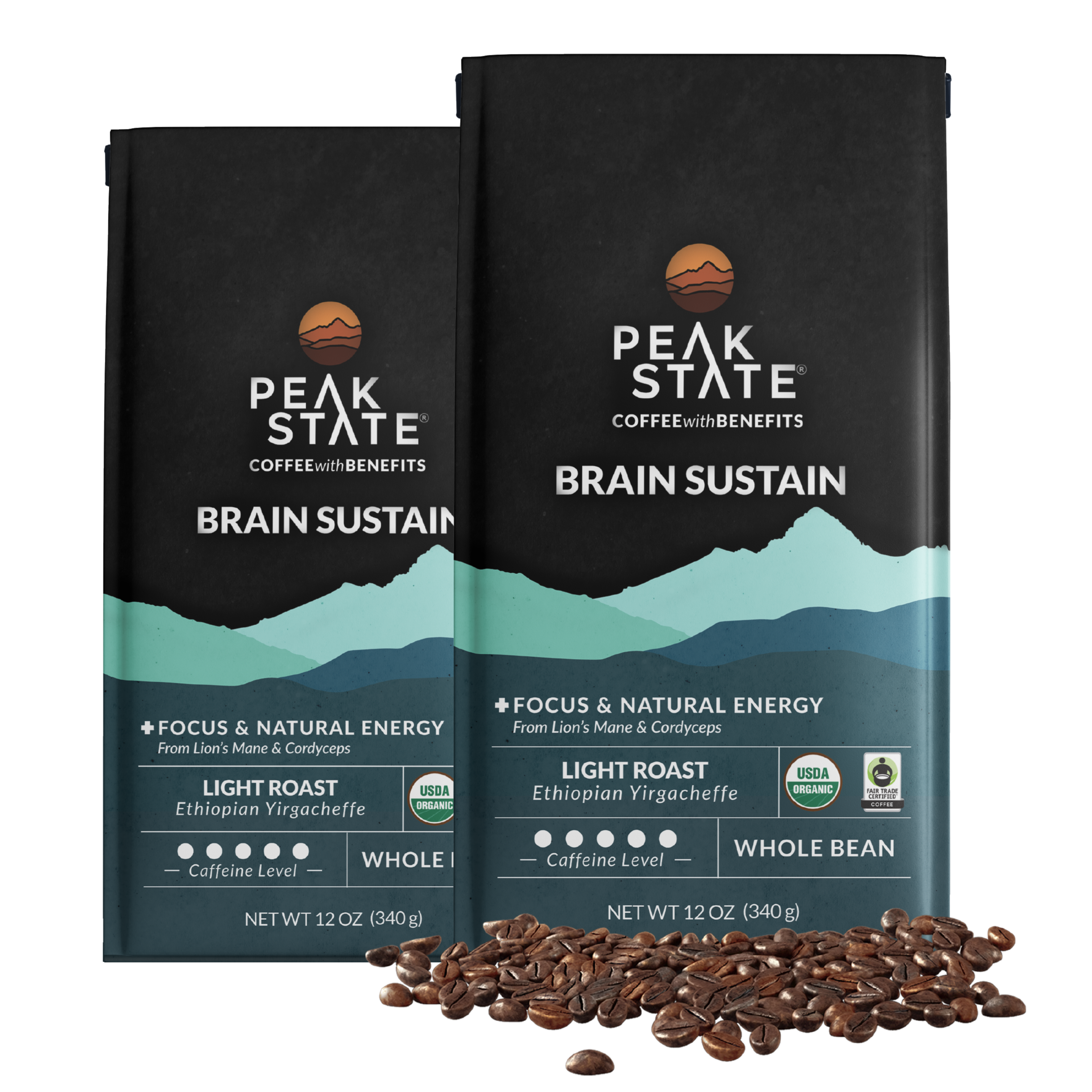 2 x 12oz bags of Peak State's Brain Sustain light roast coffee.