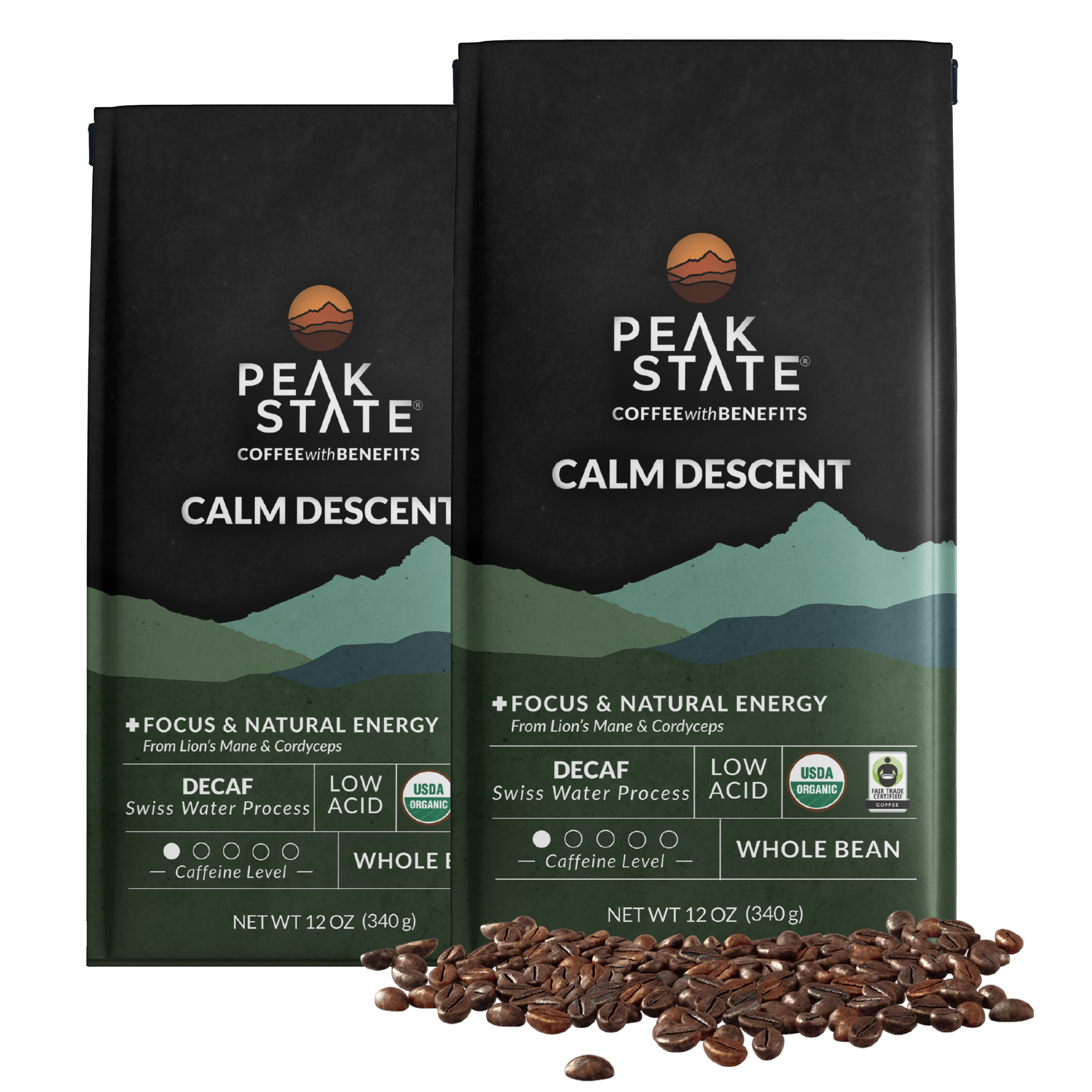 2 x 12oz bags of Peak State's Calm Descent whole bean decaf coffee.