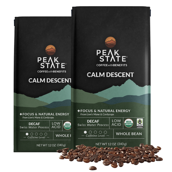 2 x 12oz bags of Peak State's Calm Descent whole bean decaf coffee.