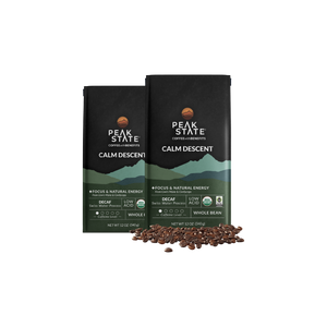2 x 12oz bags of Peak State's Calm Descent decaf whole bean coffee. 