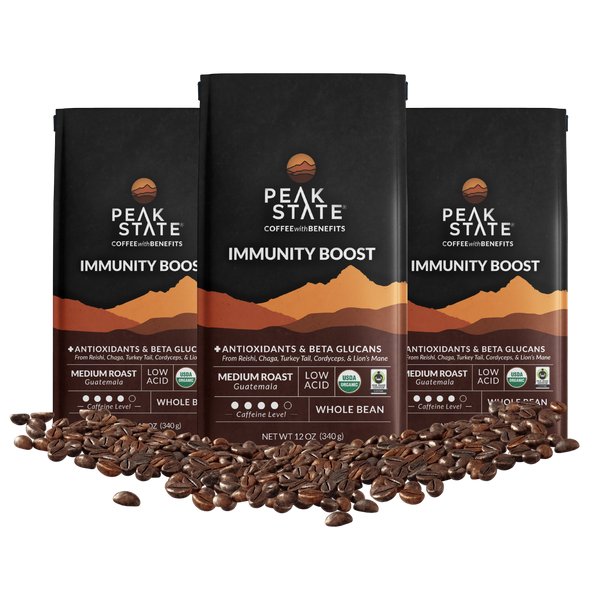 Three-pack of Peak State's Immunity Boost whole bean coffee.