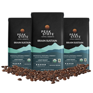 Three-pack of Peak State's Brain Sustain whole bean coffee.