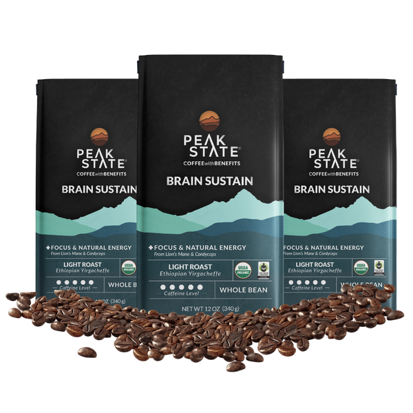 Three-pack of Peak State's Brain Sustain whole bean coffee.
