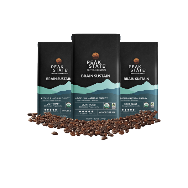 3 x 12oz bags of Peak State's Brain Sustain whole bean coffee.