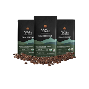 3 x 12oz bags of Peak State's Calm Descent decaf whole bean coffee.