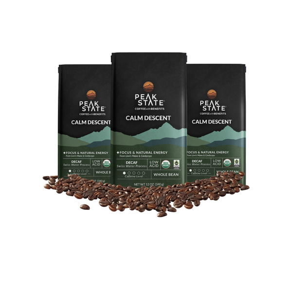 3 x 12oz bags of Peak State's Calm Descent decaf whole bean coffee.