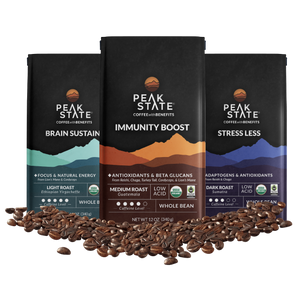 Variety three-pack of Peak State's bestselling whole bean mushroom coffees.