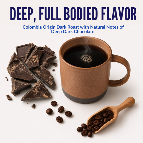 A cup of black coffee with steam rising, styled with broken dark chocolate pieces, scattered coffee beans, a wooden scoop of coffee beans, and promotional text reading 'DEEP, FULL BODIED FLAVOR' and 'Colombia Origin Dark Roast with Natural Notes of Deep Dark Chocolate.'.