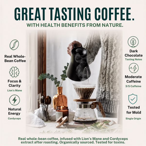 Promotional graphic for Lion's Mane whole bean coffee, showing a person pouring hot water from a black kettle into a pour-over coffee maker on a wooden table. The image includes text highlighting benefits like 'Real Whole-Bean Coffee', 'Focus & Clarity', 'Natural Energy', 'Dark Chocolate Tasting Notes', 'Moderate Caffeine', and 'Tested for Mold'.