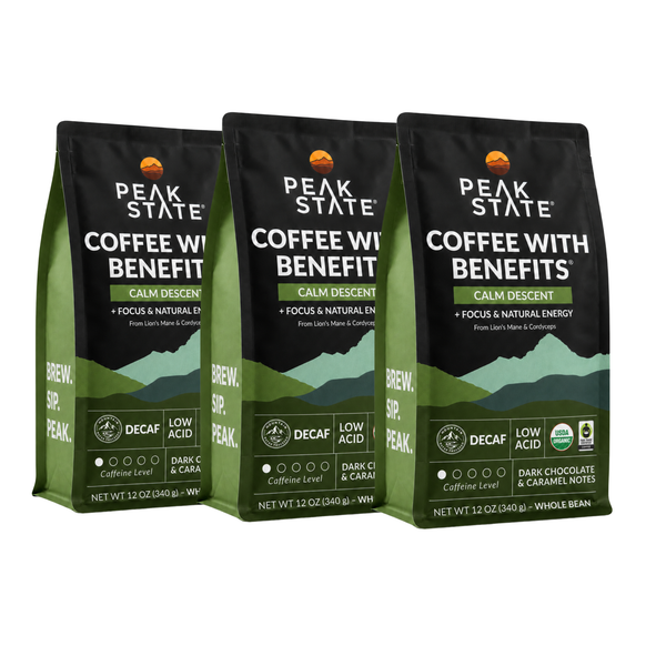 Three bags of Peak State Coffee with Benefits Calm Descent coffee in dark green and black packaging, arranged side-by-side on a white background.