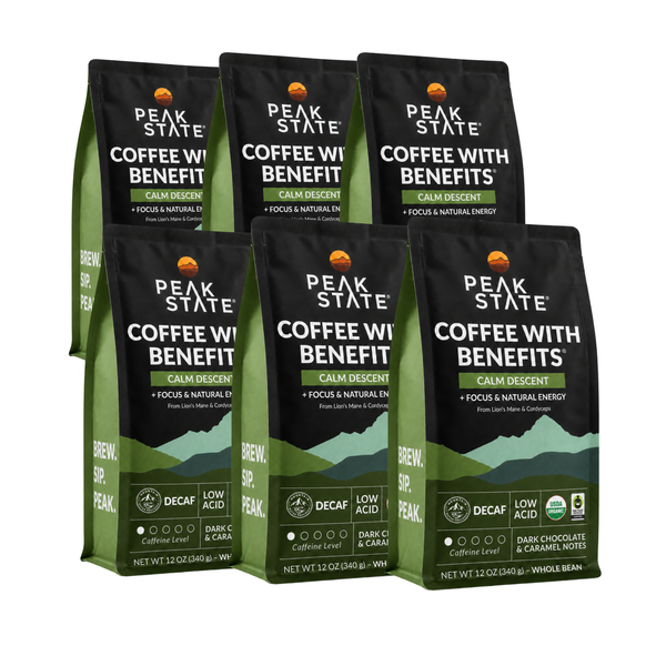 Six bags of Peak State Coffee with Benefit in 'Calm Descend' flavor, arranged in two rows of three on a plain white background.