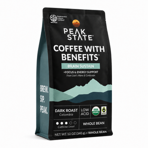 A 12 oz bag of Peak State Coffee with Benefits Brain Sustain dark roast whole bean coffee, shown on a clean white background.