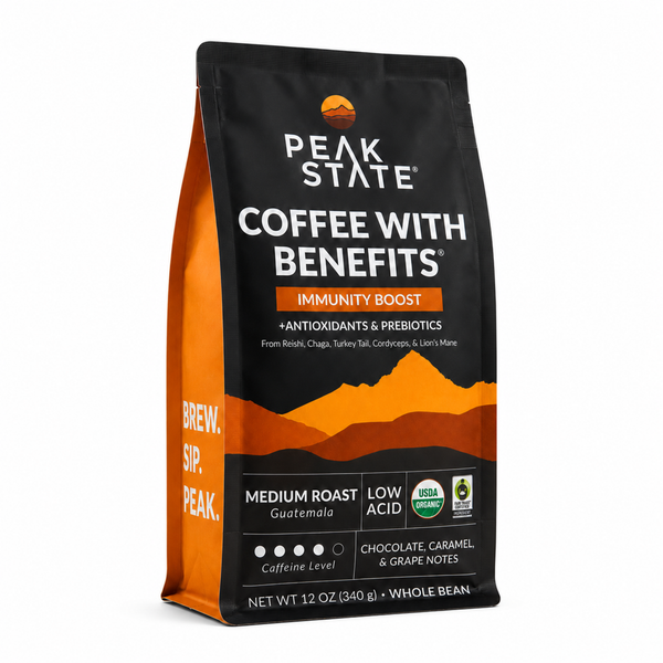 Peak State Immunity Boost coffee bag, medium roast, mushroom-infused, 12 oz