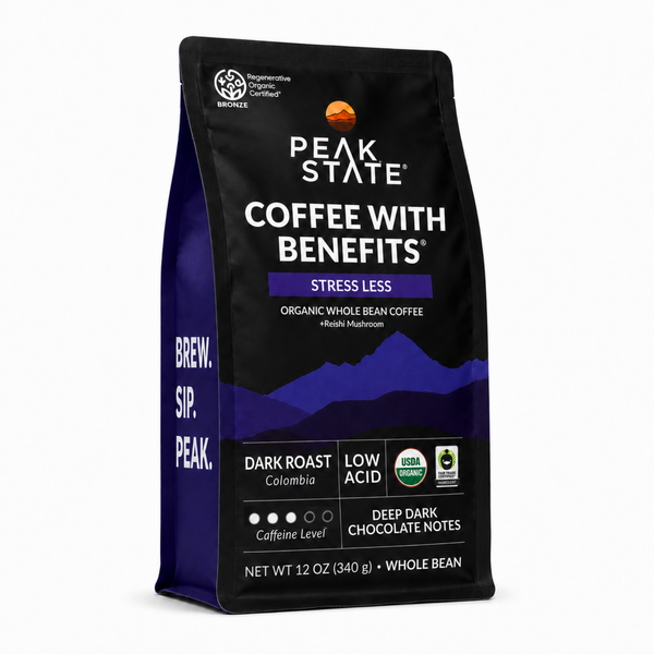 Peak State Stress Less coffee bag, dark roast, mushroom-infused, 12 oz
