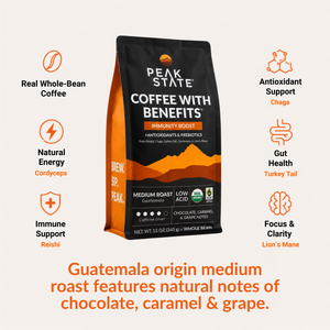 Peak State Coffee With Benefits Immunity Boost whole bean coffee bag centered on a light beige background, surrounded by feature callouts and orange text describing flavor notes and health benefits.