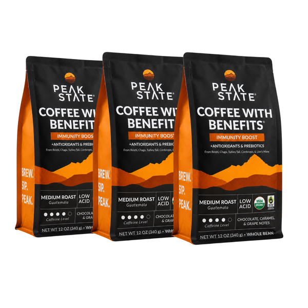 Peak State Immunity Boost coffee 3-pack bundle, front view
