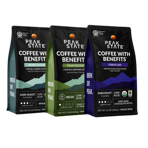 Three Peak State Coffee with Benefits bags shown side by side on a white background: Celadon, Calm Descent, and Stress Less.
