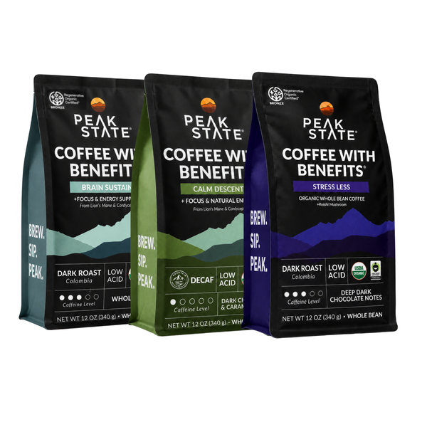 Three Peak State Coffee with Benefits bags shown side by side on a white background: Celadon, Calm Descent, and Stress Less.