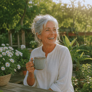 A smiling older woman with gray hair sits outdoors in a garden setting, holding a gray ceramic mug. She wears a white long-sleeve blouse, and potted white flowers and green foliage are visible in the background.