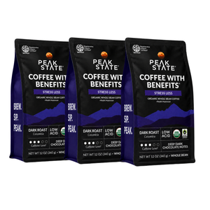 Peak State Stress Less coffee 3-pack bundle, front view
