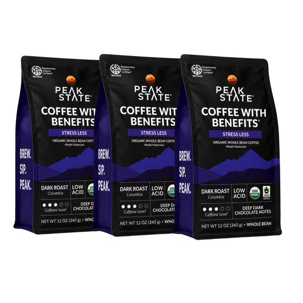 Peak State Stress Less coffee 3-pack bundle, front view
