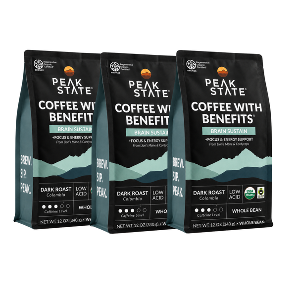 Three bags of Peak State Coffee with Benefit Brain Sustain dark roast whole bean coffee, arranged side by side on a white background.