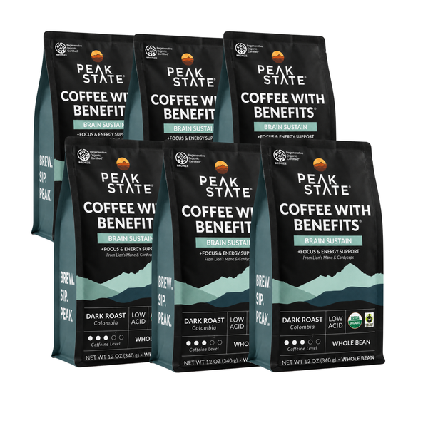 Six bags of Peak State Coffee With Benefits grain sustain coffee arranged in two rows on a plain white background.