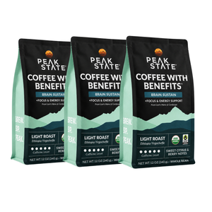 Three bags of Peak State Coffee with Benefits Light Roast Ethiopia Yirgacheffe coffee arranged side by side on a white background.