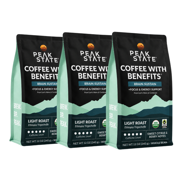 Three bags of Peak State Coffee with Benefits Light Roast Ethiopia Yirgacheffe coffee arranged side by side on a white background.