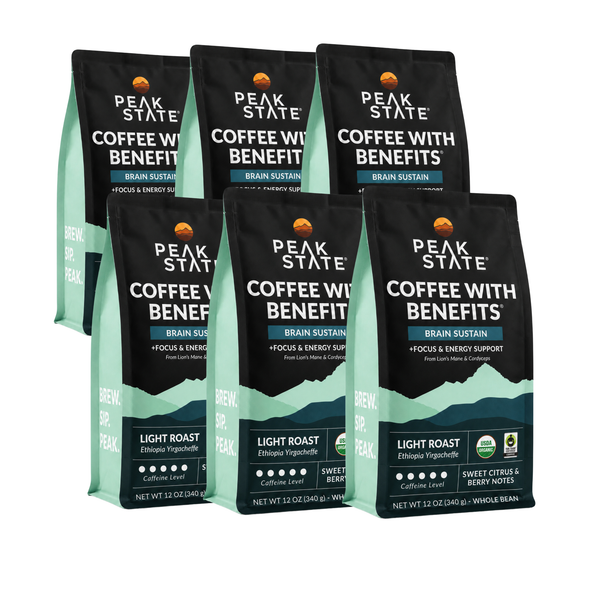 Six bags of Peak State Coffee With Benefits Light Roast Ethanol-Free whole bean coffee arranged in two rows of three on a plain white background.