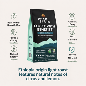 A bag of Peak State Coffee with Benefits Light Roast is centered on a light beige background, surrounded by feature callouts with icons and text describing the coffee notes and benefits. The bag is black and mint green, and the text below reads 'Ethiopia origin light roast features natural notes of citrus and lemon.