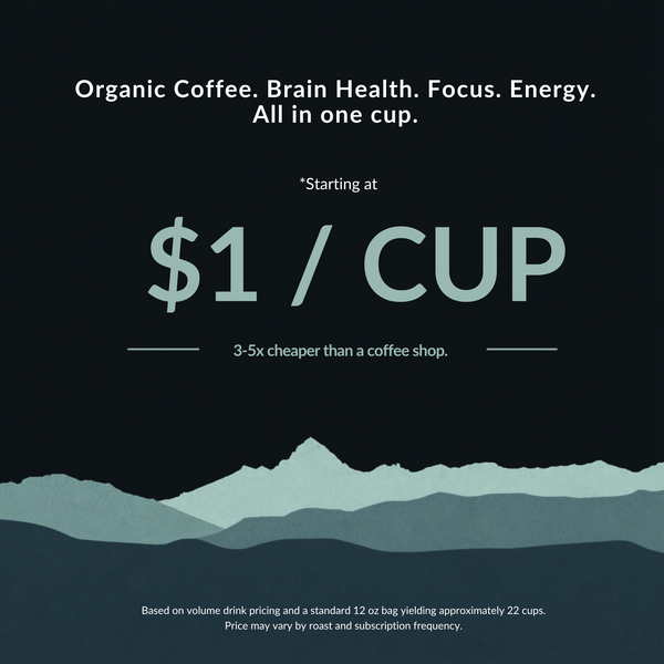 Promotional graphic for a coffee subscription or bag offering, featuring the text 'Organic Coffee. Brain Health.