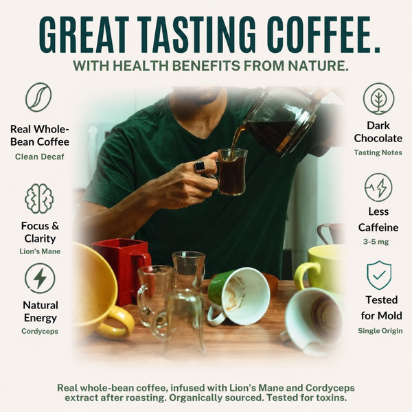 Promotional graphic for Lion's Mane whole bean coffee. A person in a green shirt is shown pouring dark coffee from a glass carafe into a small glass cup on a wooden table surrounded by various mugs.