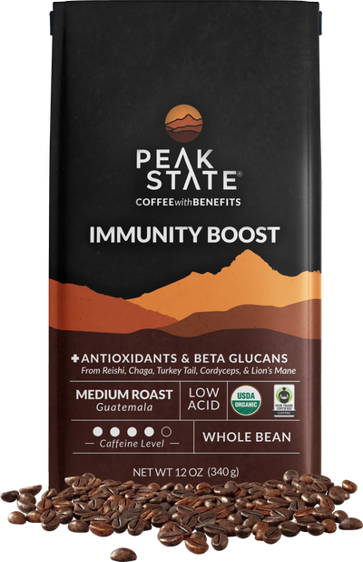 12oz pack of Peak State's Immunity Boost functional mushroom coffee.