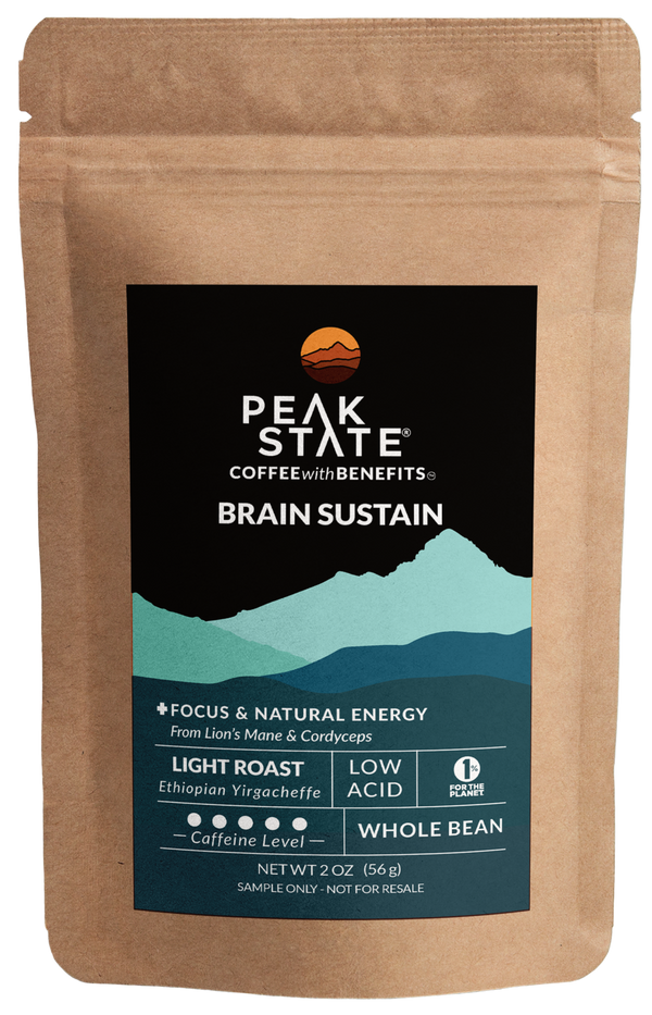 2oz sample bag of Peak State's Brain Sustain light roast coffee. 