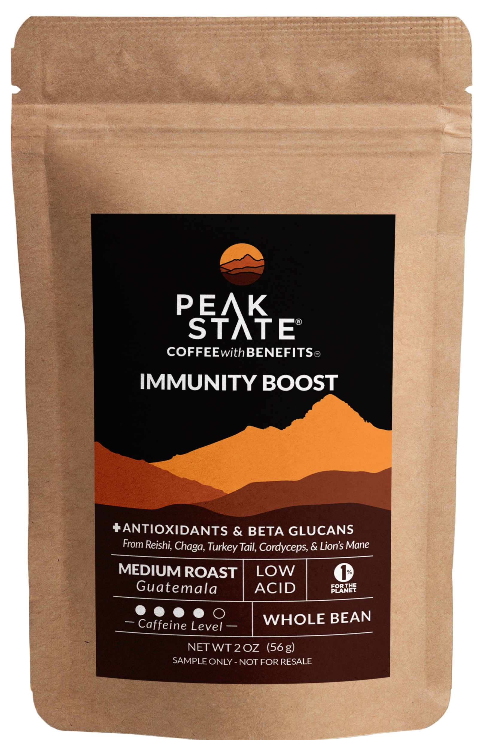 2oz sample bag of Peak State's Immunity Boost medium roast coffee. 